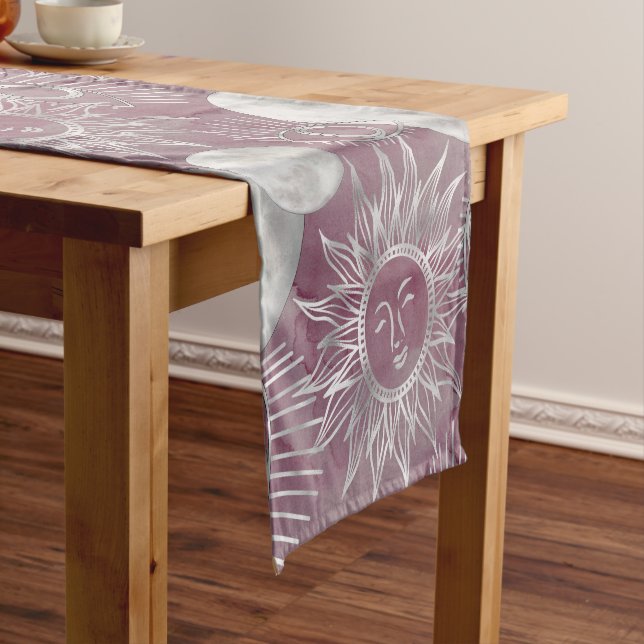 Solar Mystique | Pink Silver Moon Stars Sun Eyes Short Table Runner (In Situ)