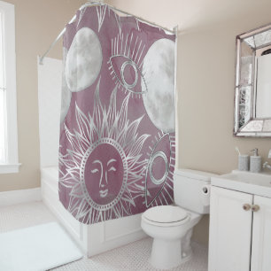 Solar Mystique   Pink Silver Moon Stars Sun Eyes Shower Curtain