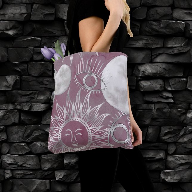 Solar Mystique | Pink Silver Moon Stars Sun Eyes Tote Bag (Creator Uploaded)