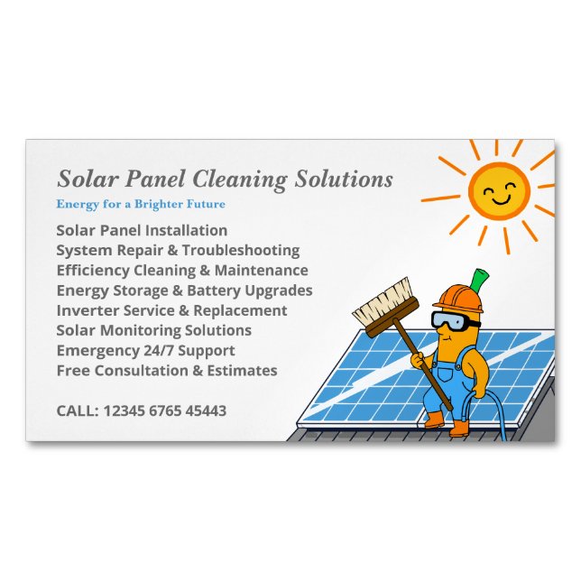 Solar Panel Cleaning Services Mascot Cartoon Magnetic Business Card (Front)