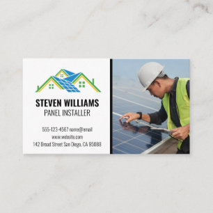 Solar Panel Engineer Inspecting   Home Energy Logo Business Card