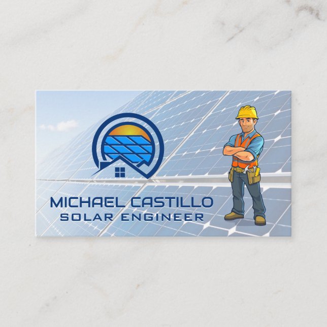 Solar Panel Logo | Technician Worker | Energy  Business Card (Front)