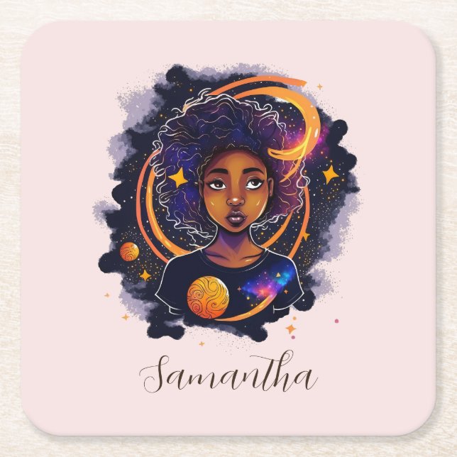 Solar System Afro Woman Square Paper Coaster (Front)