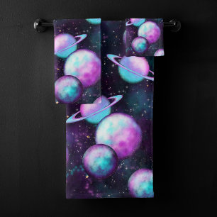 Solar System Glow   Cosmic Blue Purple Pink Planet Bath Towel Set