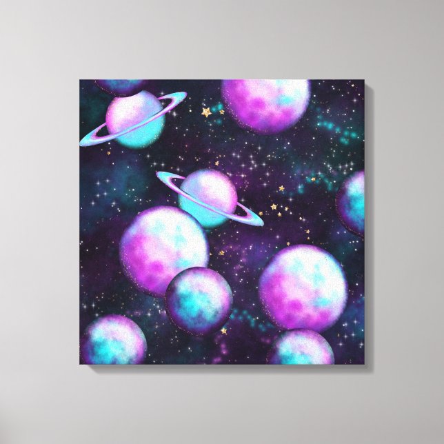 Solar System Glow | Cosmic Blue Purple Pink Planet Canvas Print (Front)