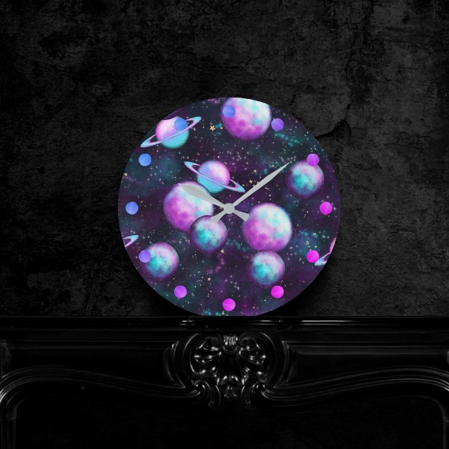 Solar System Glow | Cosmic Blue Purple Pink Planet Round Clock (Creator Uploaded)