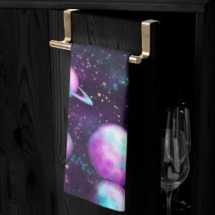Solar System Glow   Cosmic Blue Purple Pink Planet Tea Towel
