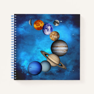 Solar System- Our Planets On  Deep Blue Starry Sky Notebook