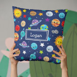 Solar System Pattern for Kids Cushion<br><div class="desc">Celebrate the solar system with this cheerful outer space themed throw pillow. Pillow has a happy sun,  happy planets (Mercury,  Venus,  Earth,  Mars,  Jupiter,  Saturn,  Uranus,  and Neptune),  as well as happy dwarf planet Pluto,  asteroids,  and stars. Personalise the pillow with your young space lover's first name.</div>