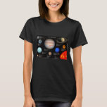 Solar System Planet Infographic Hi-Res Photo Women T-Shirt<br><div class="desc">Beautiful planet and sun photos with a star photo background and fun planet and sun facts. Designed and compiled by BeautifulSpace. Facts listed include distance from sun, temperature, diameter, number of moons (if any), and number of rings (if any). Title at top says Our Solar System. This educational infographic makes...</div>