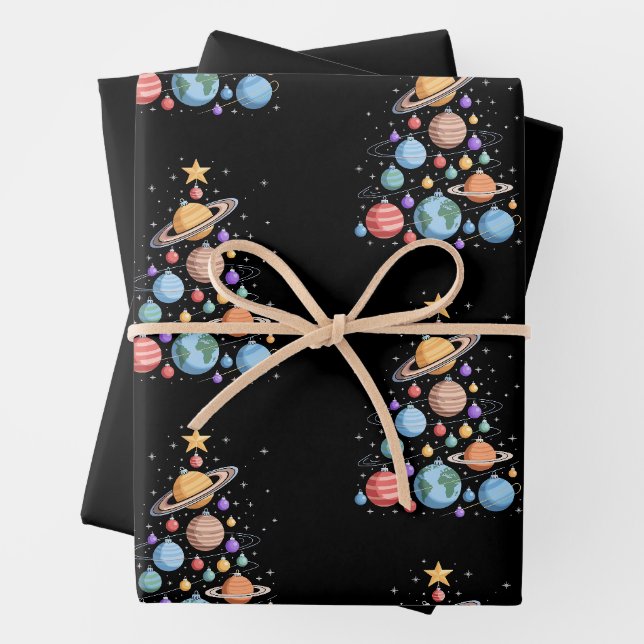 Solar System Planets Christmas Tree Space Holiday Wrapping Paper Sheet (In situ)
