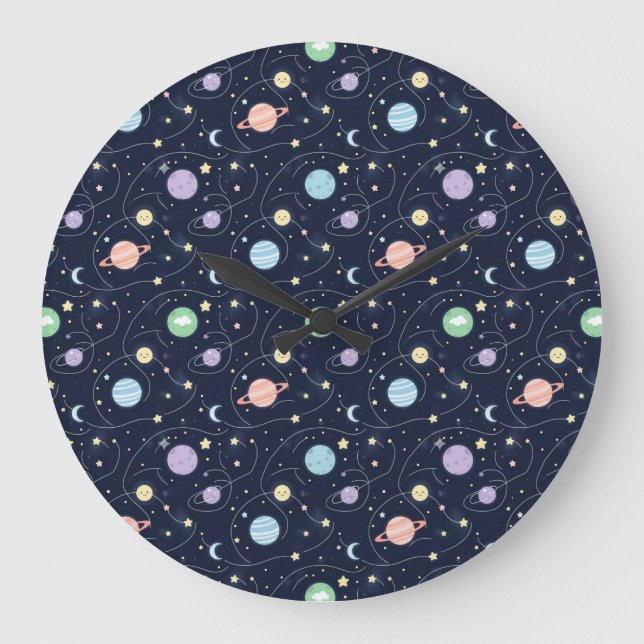 Solar System Planets Seamless Pattern Large Clock (Front)