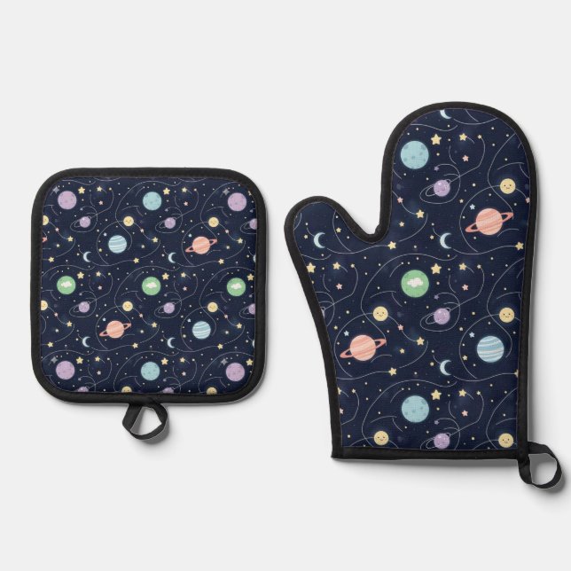 Solar System Planets Seamless Pattern Oven Mitt & Pot Holder Set (Front)