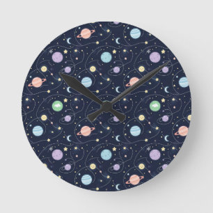 Solar System Planets Seamless Pattern Round Clock