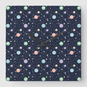 Solar System Planets Seamless Pattern Square Wall Clock