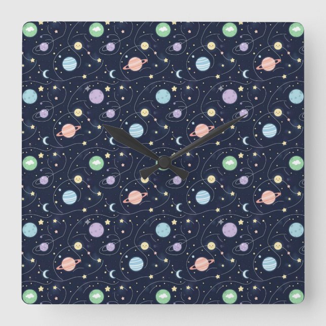 Solar System Planets Seamless Pattern Square Wall Clock (Front)