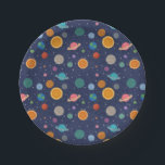 Solar System with Sun and Planets Paper Plate<br><div class="desc">A fun and modern solar system pattern with colourful planet,  star and sun illustrations against a dark blue background.</div>