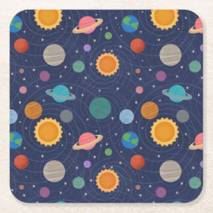 Solar System with Sun and Planets Square Paper Coaster