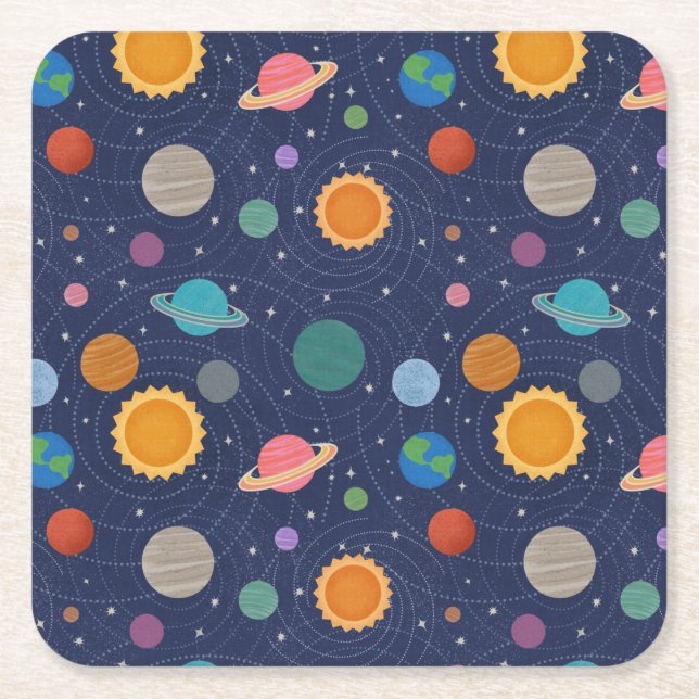 Solar System with Sun and Planets Square Paper Coaster (Front)