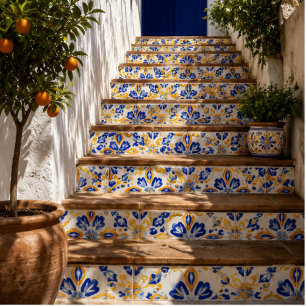 Solara Bloom Hand-Painted Sapphire and Amber Tile