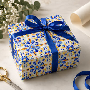 Solara Bloom Hand-Painted Sapphire and Amber Wrapping Paper