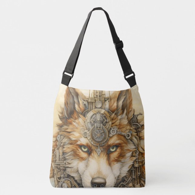 Solarpunk Red Wolf Steampunk inspiration Crossbody Bag (Front)