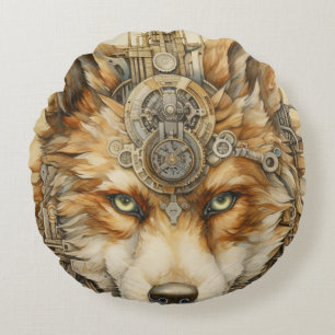Solarpunk Red Wolf Steampunk inspiration Round Cushion