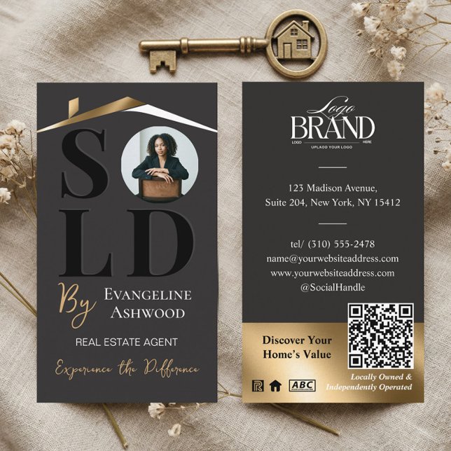 Sold Luxury Home Real Estate Agent Black Gold QR Business Card (Sold Luxury Home Real Estate Agent Black Gold QR Business Card)