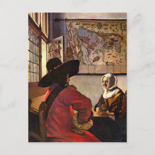 Soldier and girl smiling by Johannes Vermeer Postcard