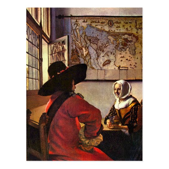Soldier and girl smiling by Johannes Vermeer Postcard