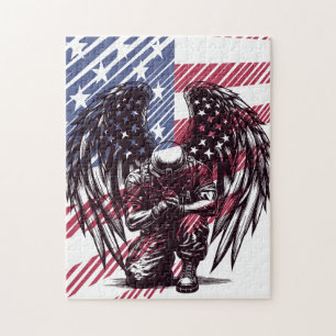 Soldier Angel Praying American USA Flag Art Jigsaw Puzzle