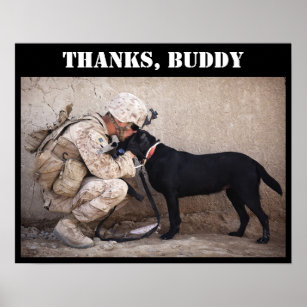 Soldier in Fatigues with His Military Dog Poster