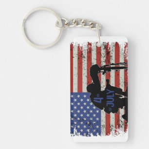 Soldier kneeling silhouette and American flag Key Ring