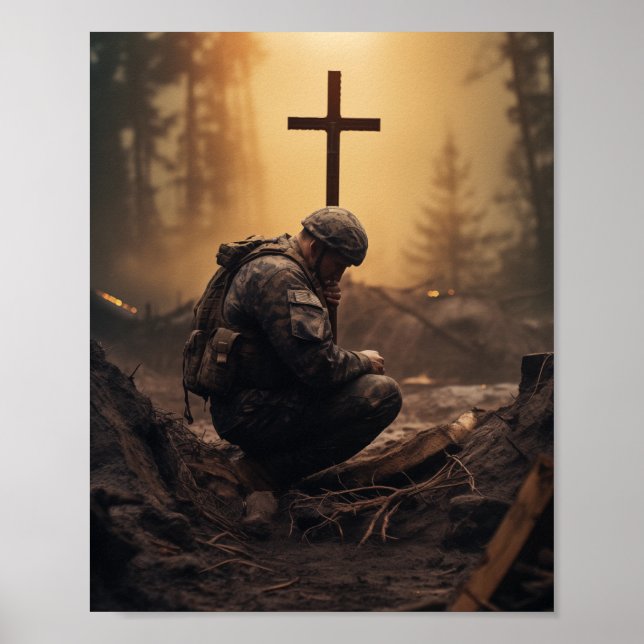Soldier of God Holding a Wooden Cross Poster (Front)