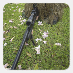 Soldier practices sniper tactics square sticker