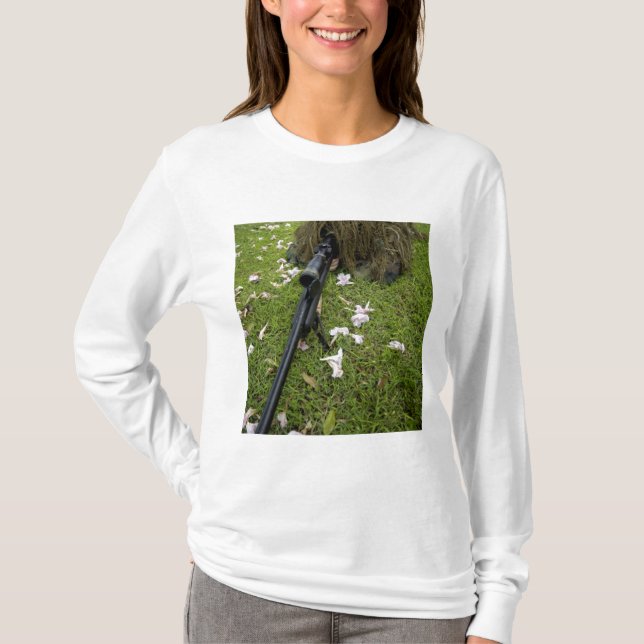Soldier practices sniper tactics T-Shirt (Front)