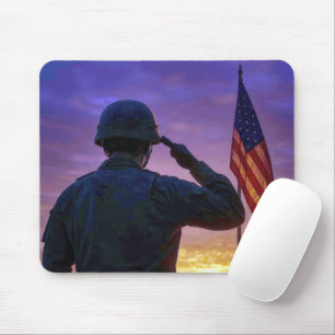Soldier Saluting American Flag at Dawn Mouse Mat