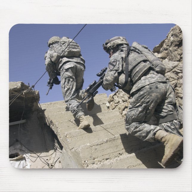 Soldiers running up staircase of a building mouse mat (Front)