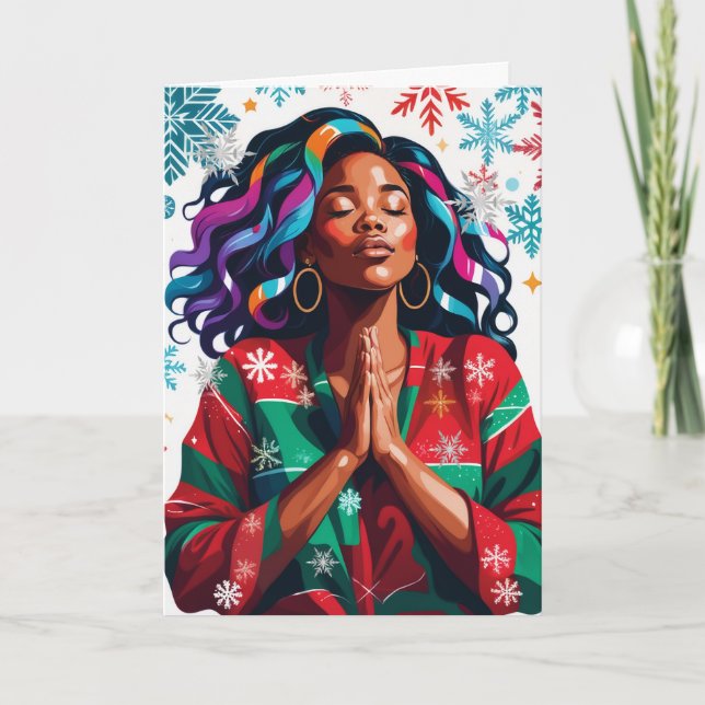 Solemn and Serene Christmas Black Woman Praying Card (Front)
