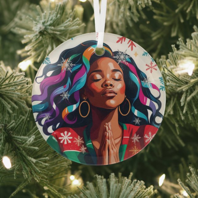 Solemn and Serene Christmas Black Woman Praying Glass Tree Decoration (Insitu)
