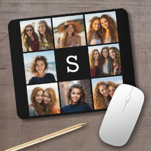 Solid Black 8 Photo Collage Custom Monogram Mouse Mat
