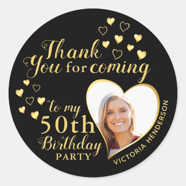 Solid Black and Gold 50th Birthday Thank You Classic Round Sticker (Front)