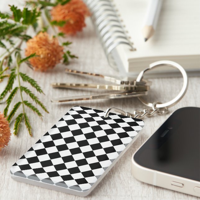 Solid Black and White Chevron Pattern Stylish Key Ring (Front Right)