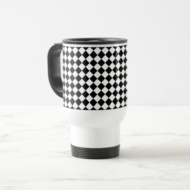 Solid Black and White Chevron Pattern Travel Mug (Front Left)