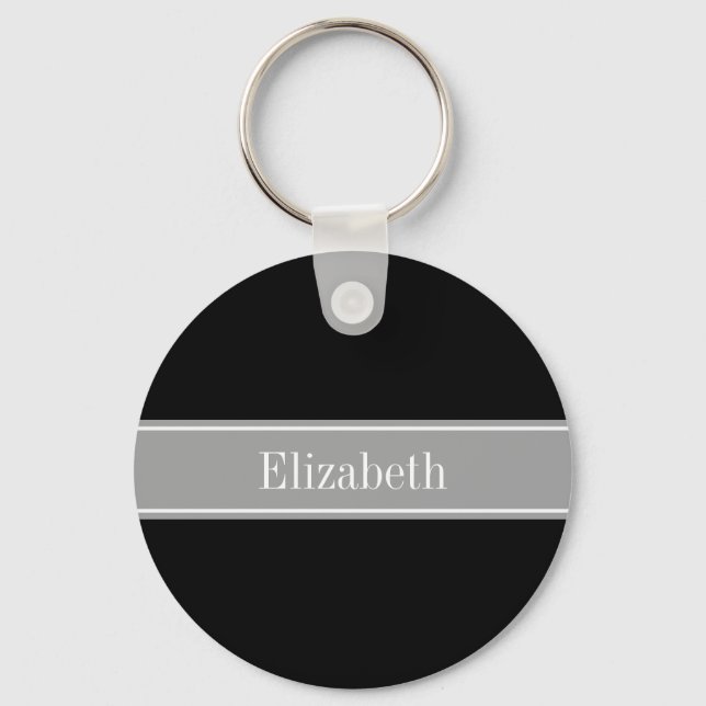 Solid Black, Dark Grey Ribbon Name Monogram Key Ring (Front)