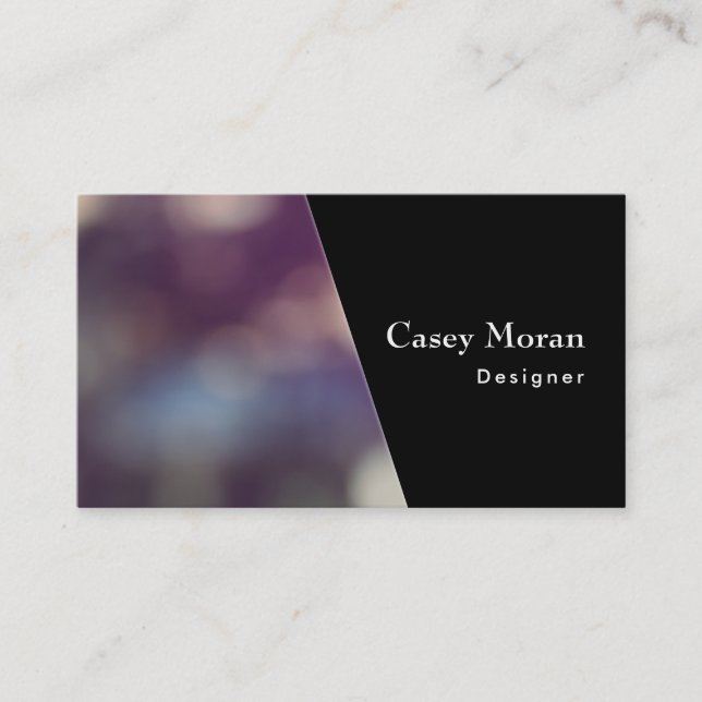 Solid Black Diagonal Over Colourful Bokeh Photo Business Card (Front)