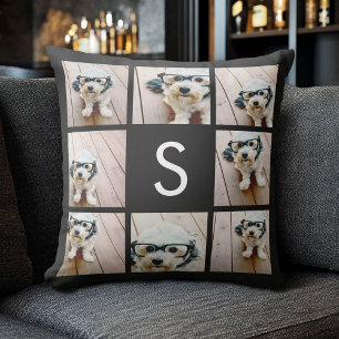 Solid Black Photo Collage Custom Monogram Cushion