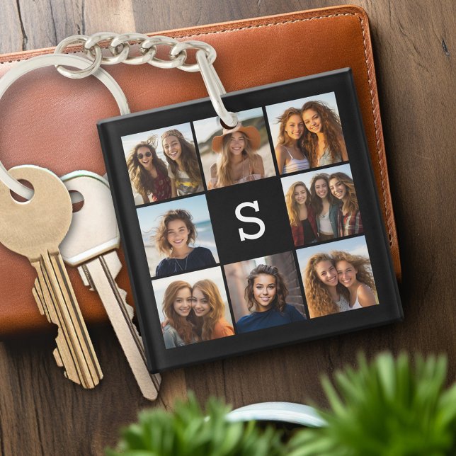 Solid Black Photo Collage Custom Monogram Key Ring (Personalized keychain with photo collage and monogram)