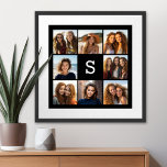 Solid Black Photo Collage Custom Monogram Poster<br><div class="desc">Add 8 photos and custom text to make a unique keepsake for your wall. The art includes 8 pictures surrounding a text box where you can add a monogram or other text.</div>