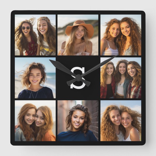 Solid Black Photo Collage Custom Monogram Square Wall Clock (Front)